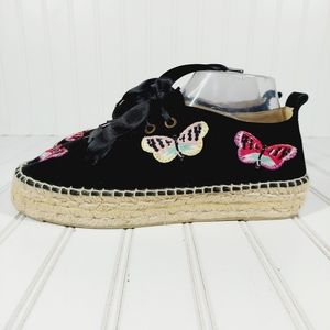 Manebi Jute Butterfly Embroidered Suede Lace Up Sneaker Espadrilles E538